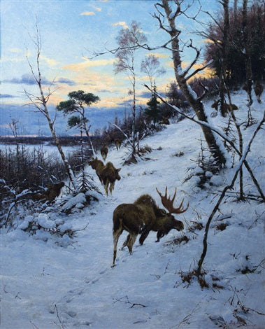 Moose in a Winter Landscape by Richard Friese Naturalism Art dated 1895