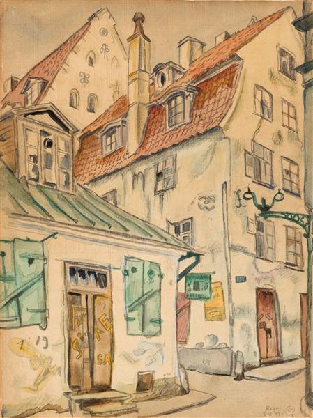 A Street Scene from Riga by Mstislav Dobuzhinsky Symbolism Art dated 1925