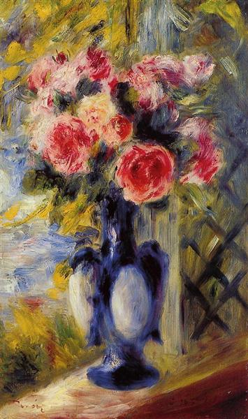 Bouquet of Roses in a Blue Vase by Pierre-Auguste Renoir Impressionism Art dated 1892