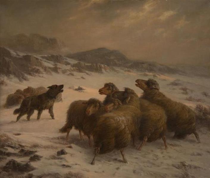 FLOCK OF SHEEP STRANDED IN A BLIZZARD by August Friedrich Schenck Naturalism Art