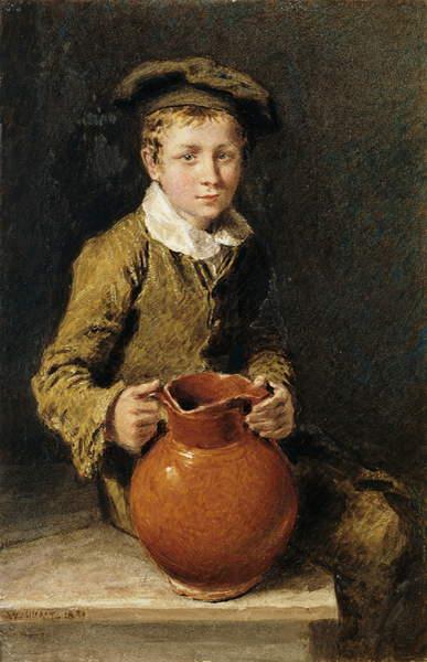 A boy seated on a bench with a pitcher by William Henry Hunt Naturalism Art dated 1839