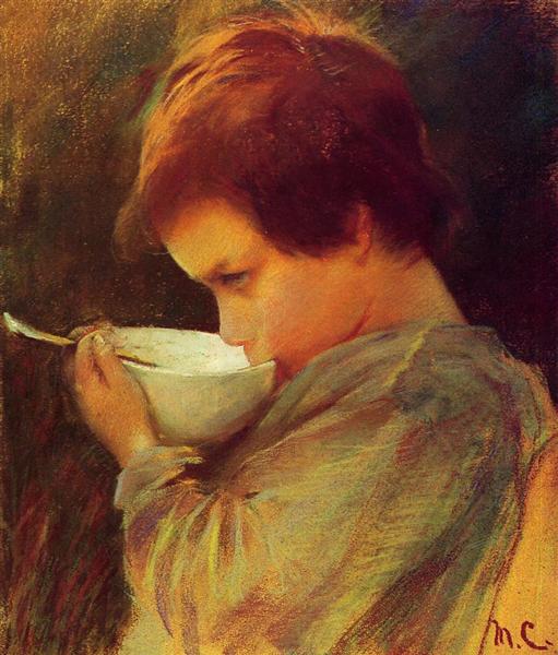 Child Drinking Milk by Mary Cassatt Realism Art dated 1868