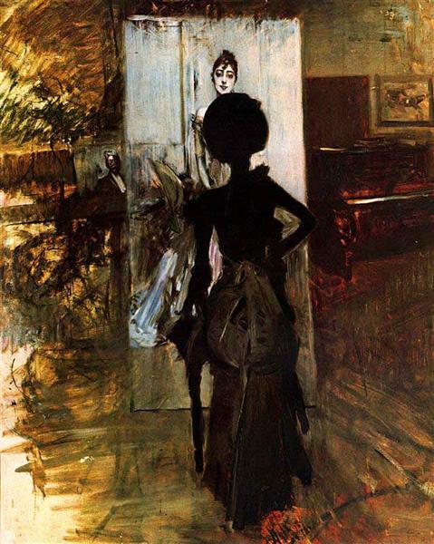 Woman in Black who Watches the Pastel of Signora Emiliana Concha de Ossa by Giovanni Boldini Impressionism Art dated 1888