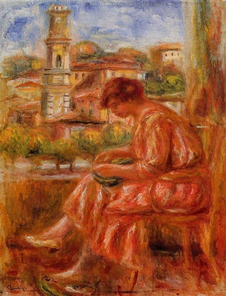 Woman at the Window with a View of Nice by Pierre-Auguste Renoir Impressionism Art dated 1918