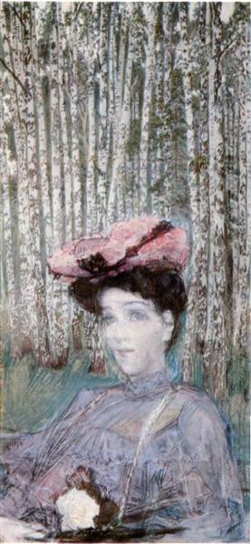 Portrait of N. Zabela-Vrubel on the Edge of a Birch Grove by Mikhail Vrubel Art Nouveau (Modern) Art dated 1904