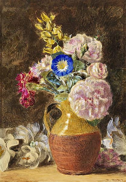 Mixed flowers in a brown and fawn Jug by William Henry Hunt Naturalism Art dated 1860