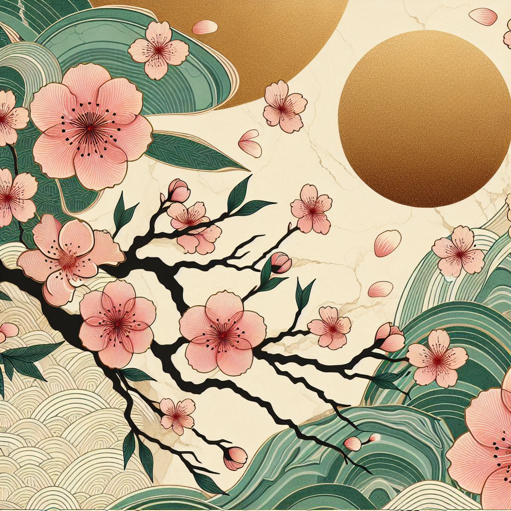 Luminous Vihara Sakura: Japanese-Inspired Modern Green Marble Cherry Blossom Art