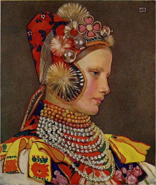 SLOVAK GIRL IN SUNDAY ATTIRE by Marianne Stokes Art Nouveau (Modern) Art dated 1909