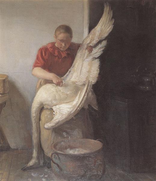 A Young Girl Plucking a Swan by Anna Ancher Realism Art dated 1900