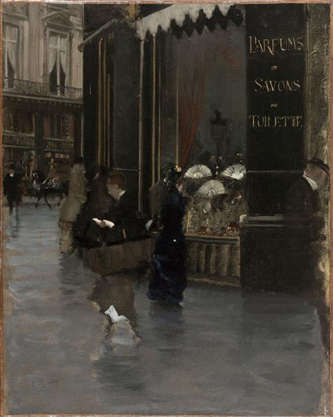 The Violet perfumery, at the corner of Boulevard des Capucines and Rue Scribe by Giuseppe De Nittis Impressionism Art dated 1880