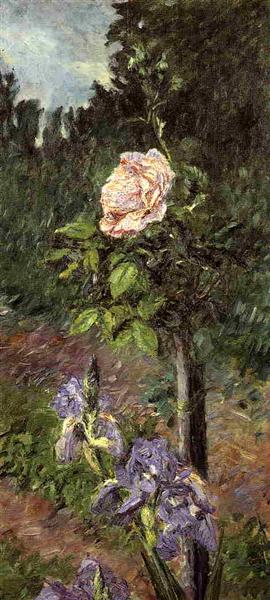 Rose with Purple Iris, Garden at Petit Gennevilliers by Gustave Caillebotte Impressionism Art dated 1892