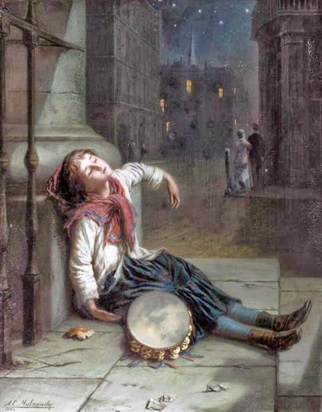 A Child sleeping in the moonlight by Augustus Edwin Mulready Naturalism Art dated 1864