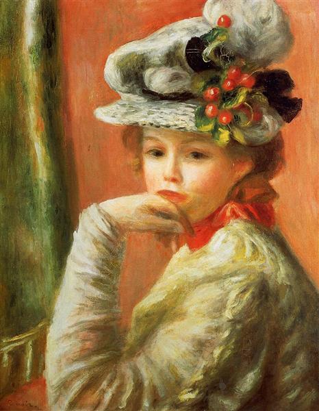 Young Girl in a White Hat by Pierre-Auguste Renoir Impressionism Art dated 1891