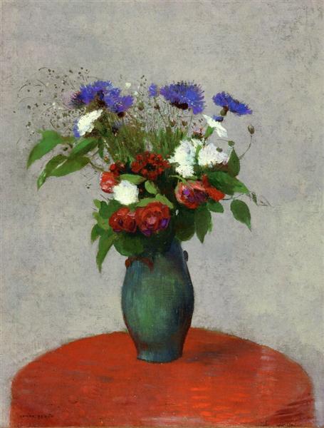 Vase of Flowers on a Red Tablecloth by Odilon Redon Realism Art dated 1900