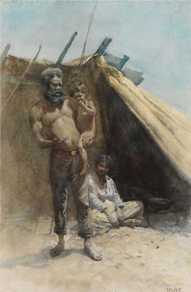 Aboriginal family group by Julian Ashton Realism Art dated 1886