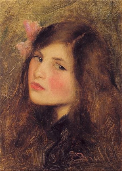 Young woman with pink bow by Joan Brull Art Nouveau (Modern) Art dated 1895