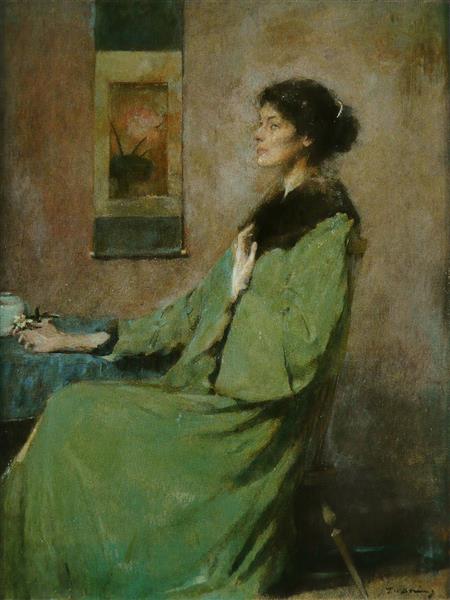 Portrait of a Lady Holding a Rose by Thomas Dewing Tonalism Art dated 1912