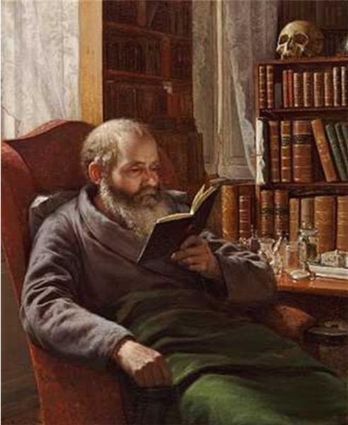 Portrait of the artist&#39;s foster father, professor, zoologist Henrik Nicolai Kr&#248;yer, sitting in a red armchair. He is reading in a book by Peder Severin Kroyer Realism Art dated 1872