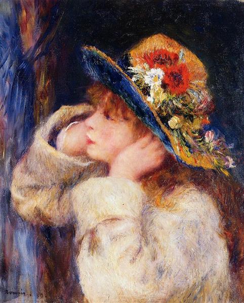 Young Girl in a Hat Decorated with Wildflowers by Pierre-Auguste Renoir Impressionism Art dated 1880