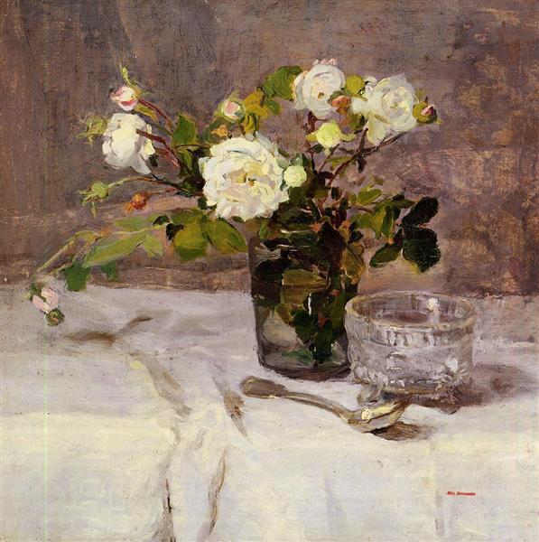 Roses in a Glass by Eva Gonzales Impressionism Art dated 1882