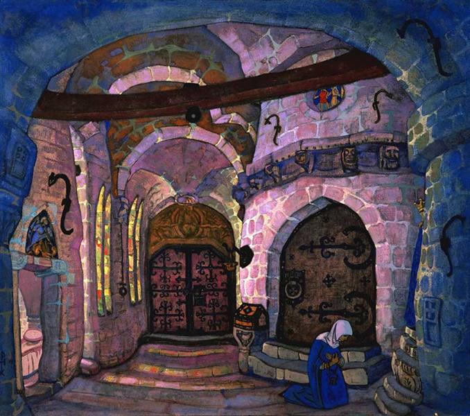 In a monastery by Nicholas Roerich Art Nouveau (Modern) Art dated 1914