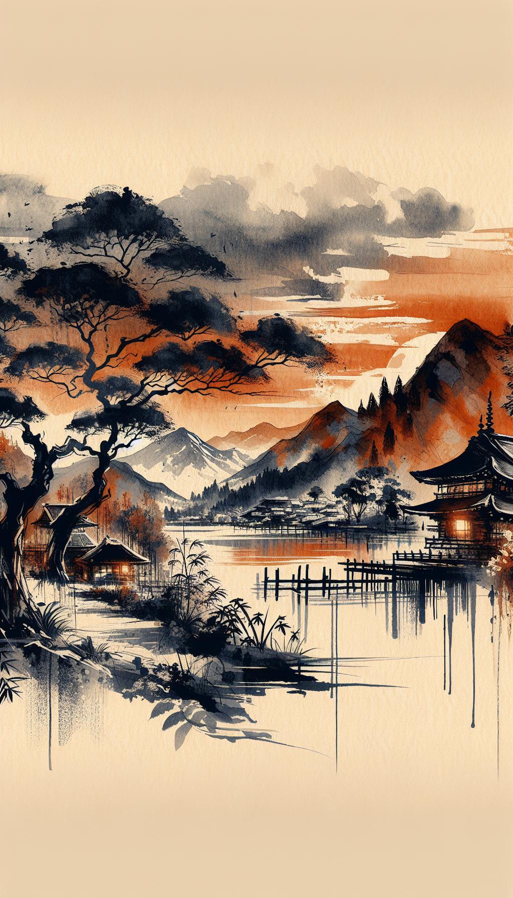 Aurantiaco Nigrum Elysium - Modern Japanese Watercolor Art