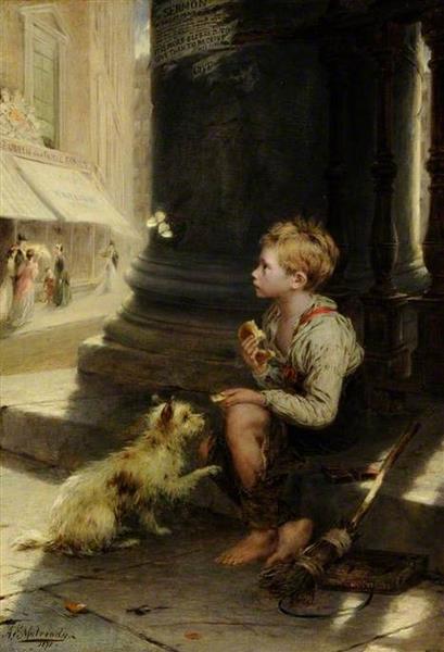 A Share of a Crust by Augustus Edwin Mulready Naturalism Art dated 1871