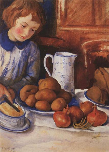 Katya at the kitchen table by Zinaida Serebriakova Art Nouveau (Modern) Art dated 1923