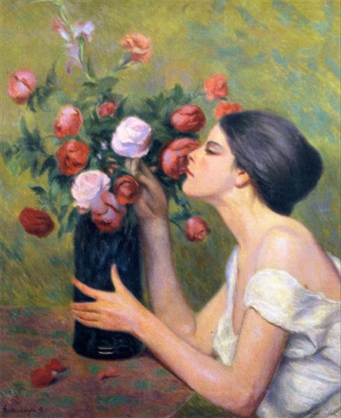 Woman with bouquet of roses by Federico Zandomeneghi Impressionism Art dated 1916