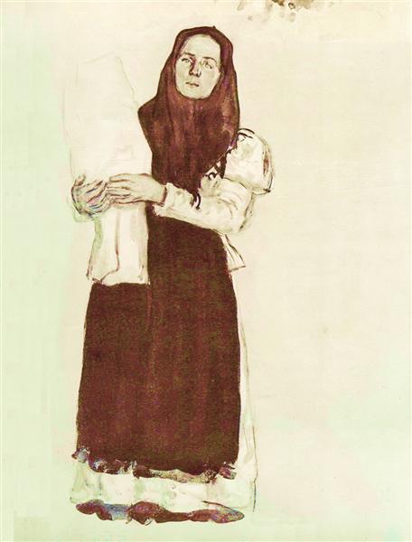 A young peasant woman in a red scarf by Konstantin Yuon Realism Art dated 1910