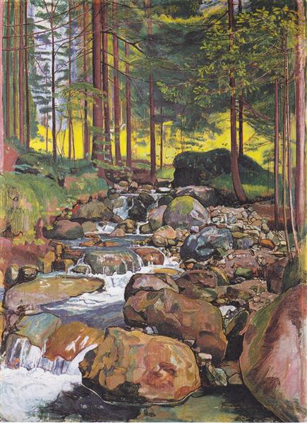 Forest with a mountain stream by Ferdinand Hodler Art Nouveau (Modern) Art dated 1902