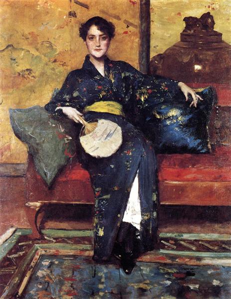 The Blue Kimono, aka Girl in Blue Kimono by William Merritt Chase Japonism Art dated 1898