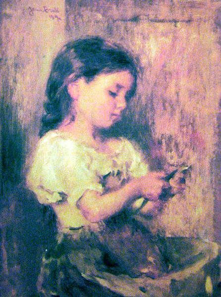 Girl peeling potatoes by Joan Brull Realism Art dated 1890