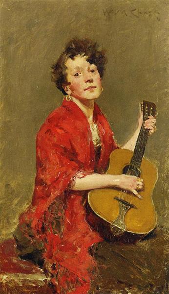 Girl with Guitar by William Merritt Chase Impressionism Art dated 1886