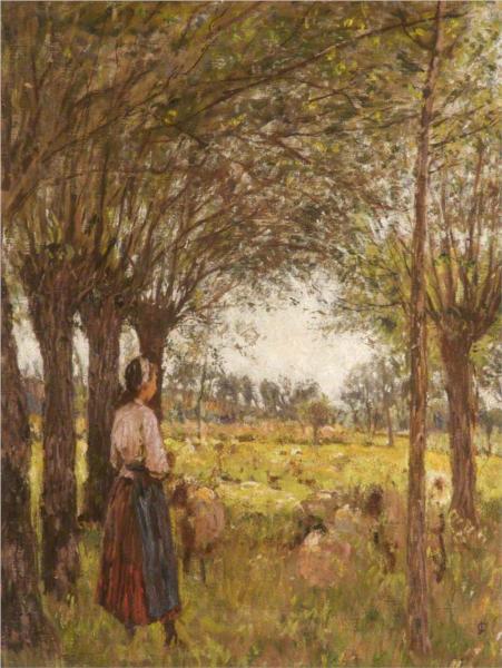 French Girl Minding Sheep by James Charles Impressionism Art