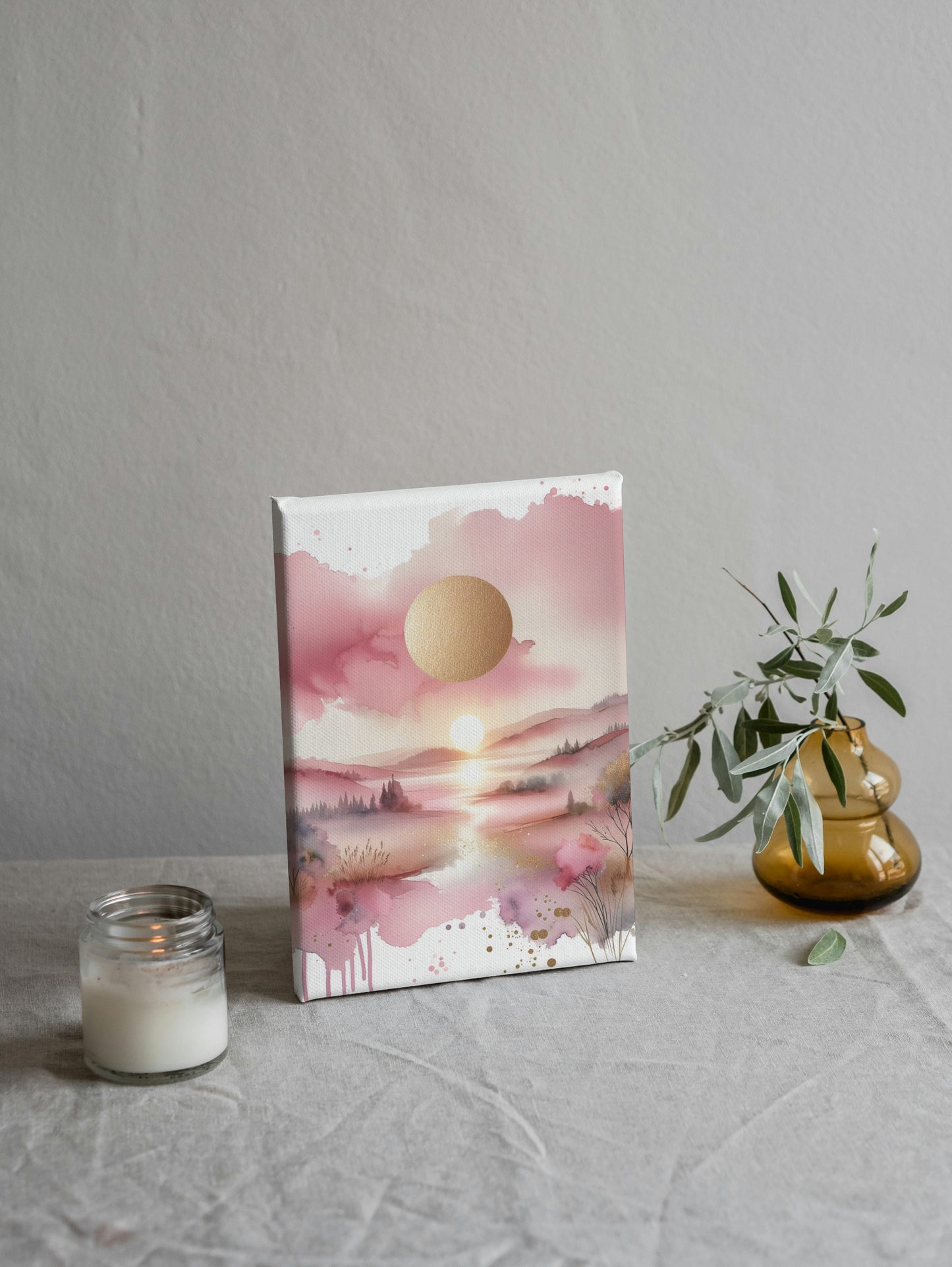 Auroral Pinkum Vistam: Luxuriant Pink and Gold Watercolor Landscape Art