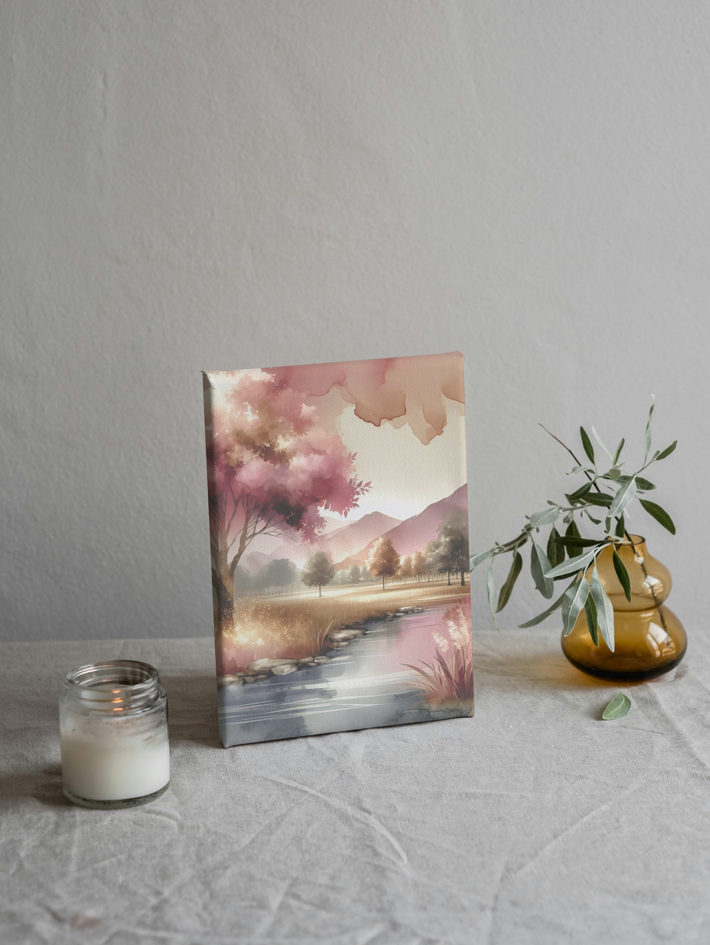 Aurelian Prasanna Landscape: Modern Pink and Gold Watercolor Panorama