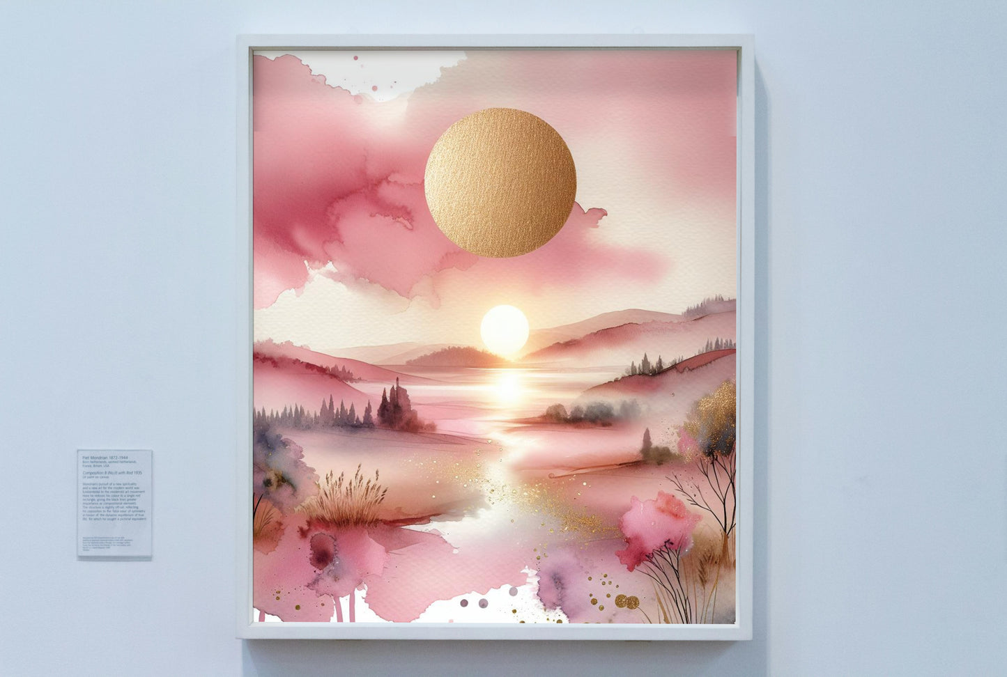 Auroral Pinkum Vistam: Luxuriant Pink and Gold Watercolor Landscape Art