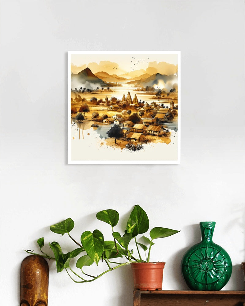 Aureate Prakriti Natura: Modern Watercolor Landscape of Indian Villages