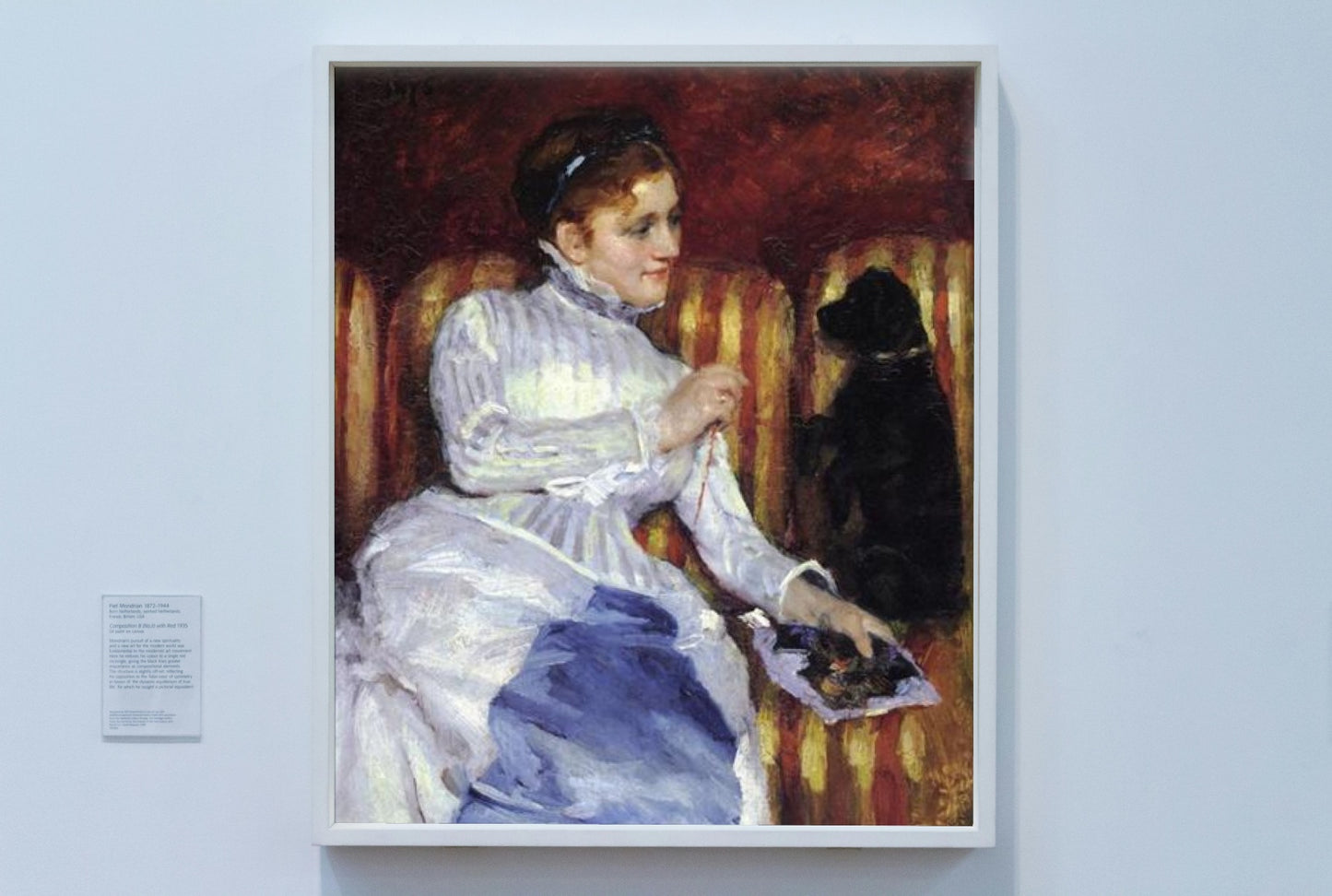 Woman on a Striped Sofa with a Dog by Mary Cassatt Impressionism Art dated 1875