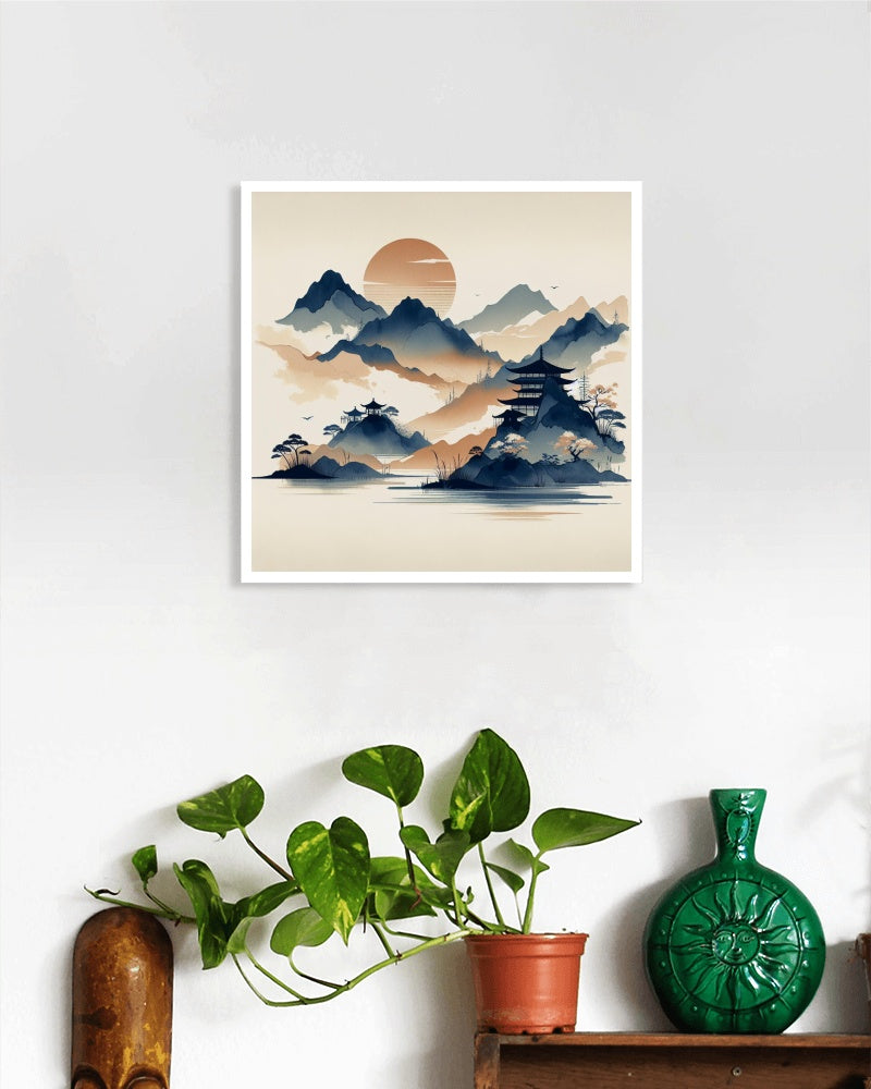 Serene Samskrita Navy & Beige Watercolor: Modern Japanese Art