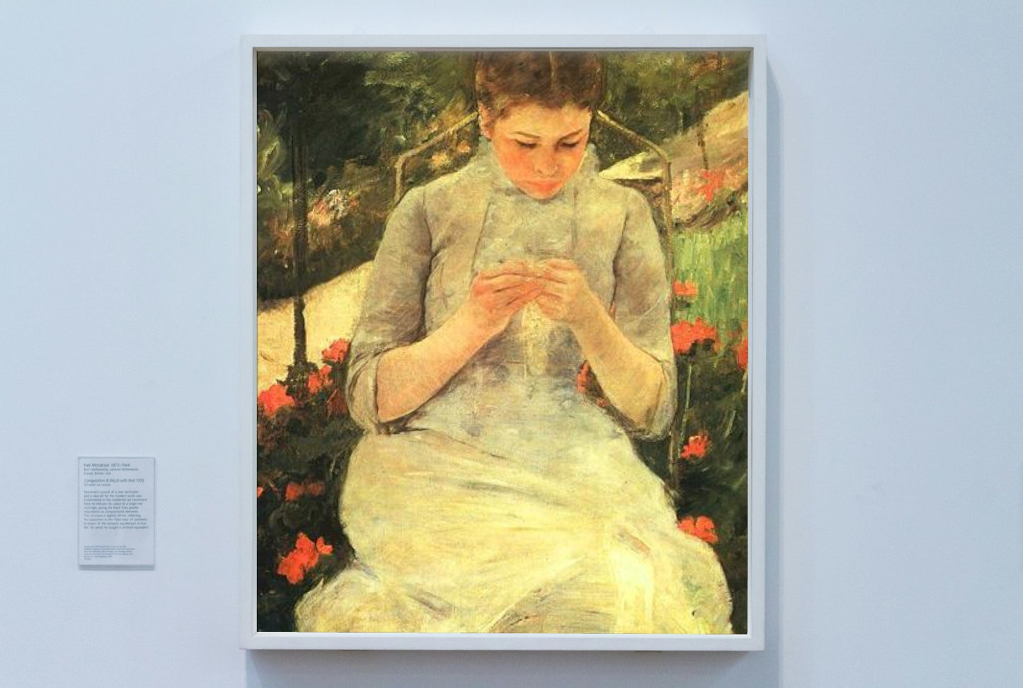 Young Woman Sewing in the garden by Mary Cassatt Impressionism Art dated 1882