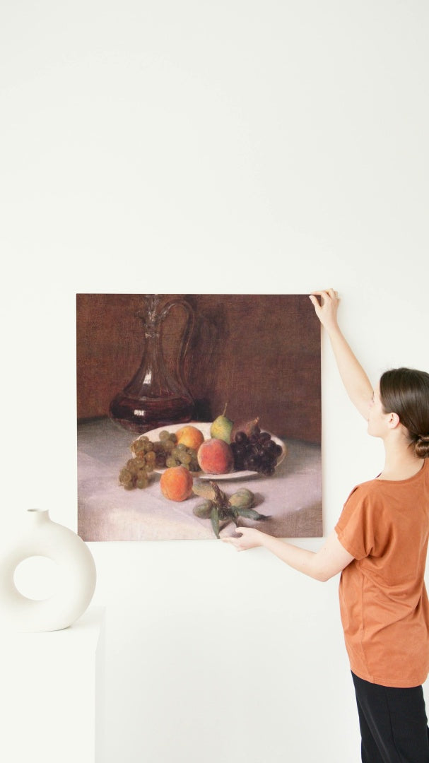 A Carafe of Wine and Plate of Fruit on a White Tablecloth by Henri Fantin-Latour Realism Art dated 1865