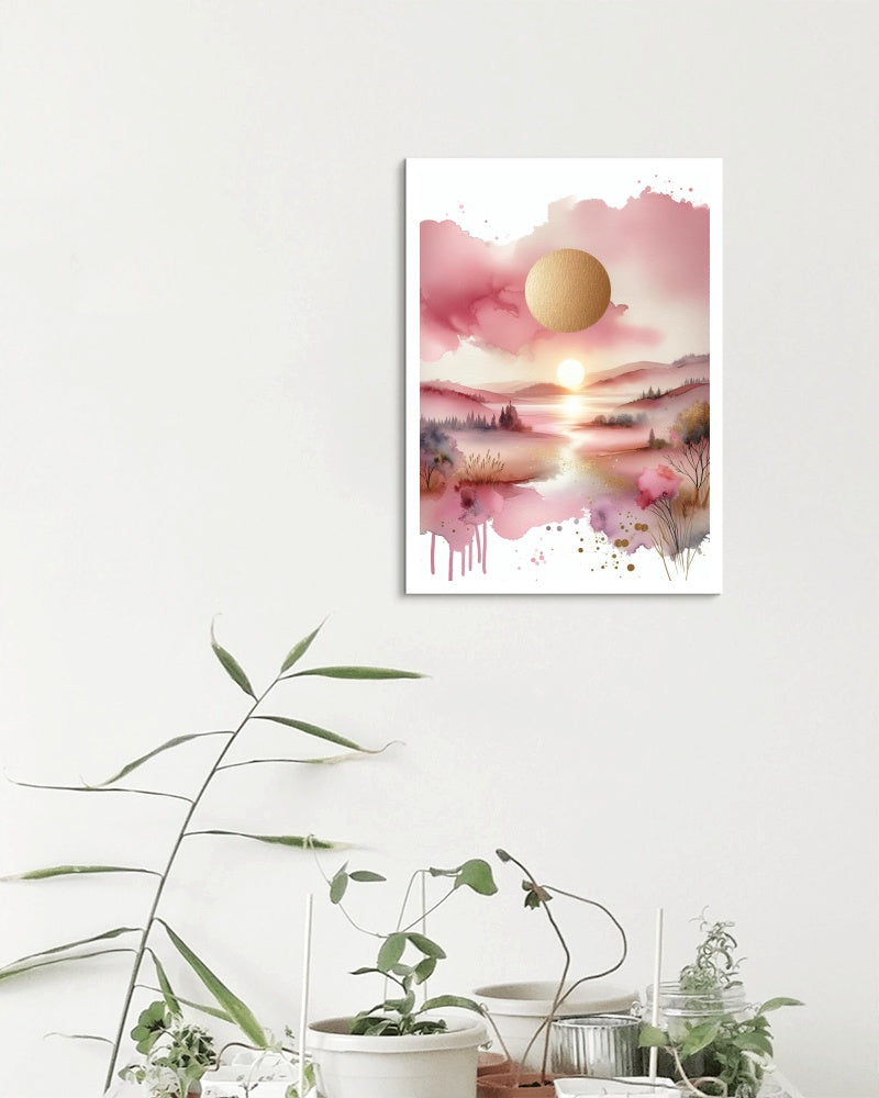 Auroral Pinkum Vistam: Luxuriant Pink and Gold Watercolor Landscape Art