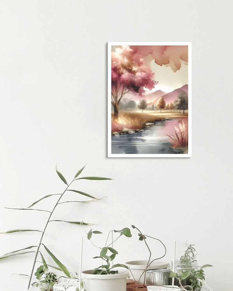 Aurelian Prasanna Landscape: Modern Pink and Gold Watercolor Panorama