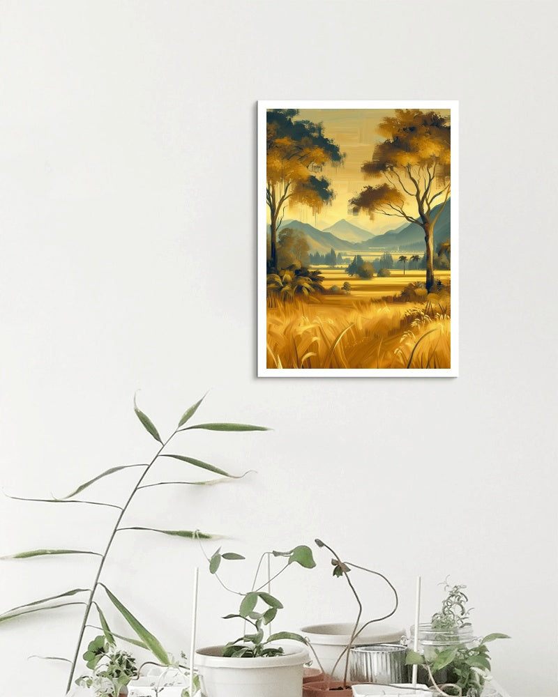 Aureate Pristinam Vistas: Serene Golden Landscape Oilpainting