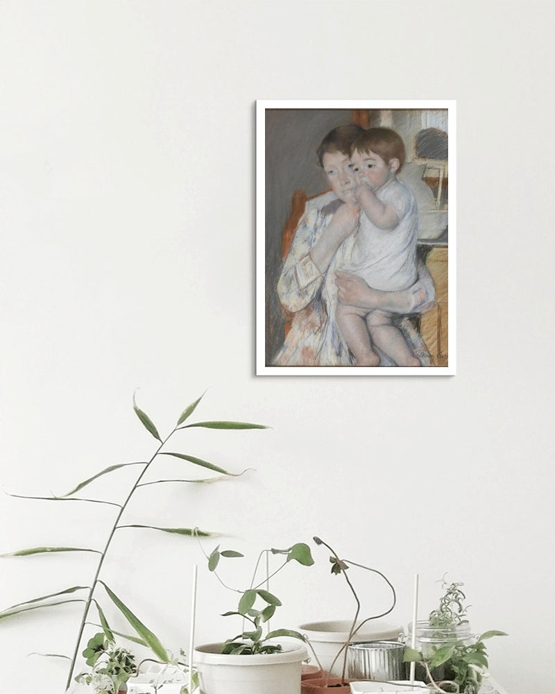 Woman&#160;and&#160;child&#160;in front of&#160;a&#160;shelf&#160;which&#160;are&#160;placed&#160;a jug&#160;and basin by Mary Cassatt Impressionism Art dated 1889