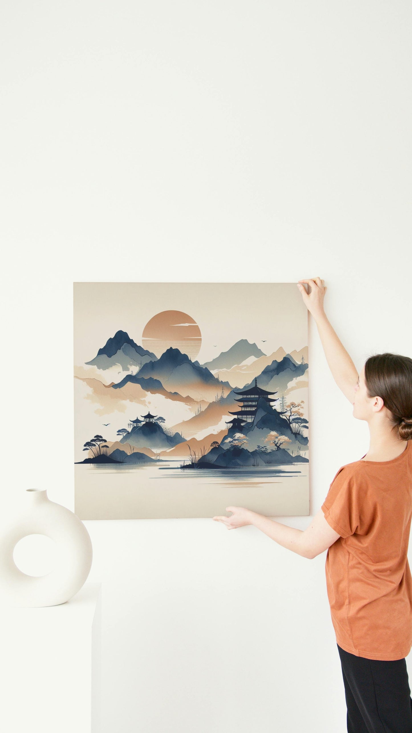 Serene Samskrita Navy & Beige Watercolor: Modern Japanese Art