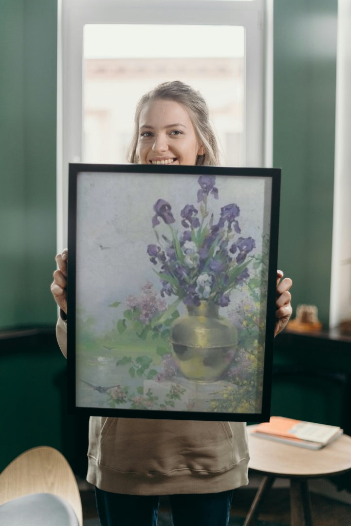 A Vase of Irises on the Terrace by Louise Abb&#233;ma dated 1885