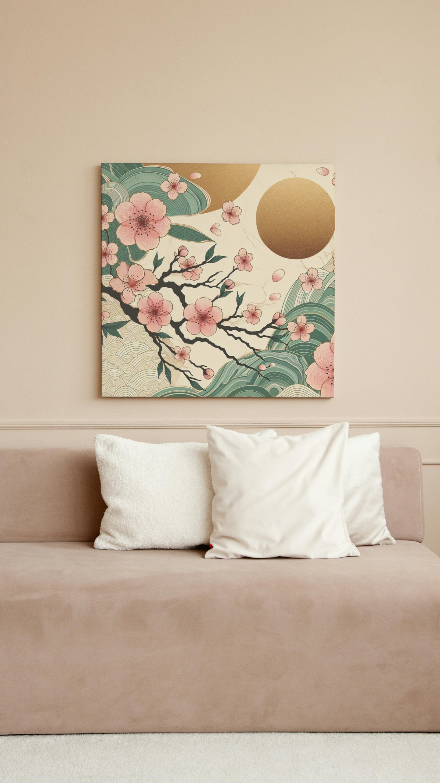 Luminous Vihara Sakura: Japanese-Inspired Modern Green Marble Cherry Blossom Art